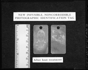 New infusible, noncorrodible photographic identification tab, after heat treatment