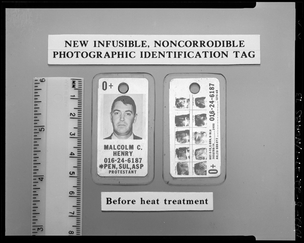 New infusible, noncorrodible photographic identification tab, before heat treatment