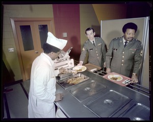 Food, serving beef from hot steam table