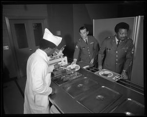 Food, serving beef from hot steam table