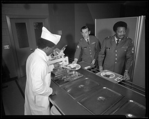 Food, serving beef from hot steam table