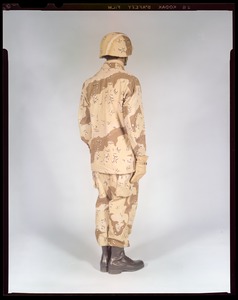 Desert uniform, day w/helmet, 3/4 back, CEMEL