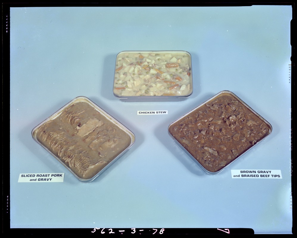 Sliced roast pork and gravy, chicken stew, brown gravy and braised beef