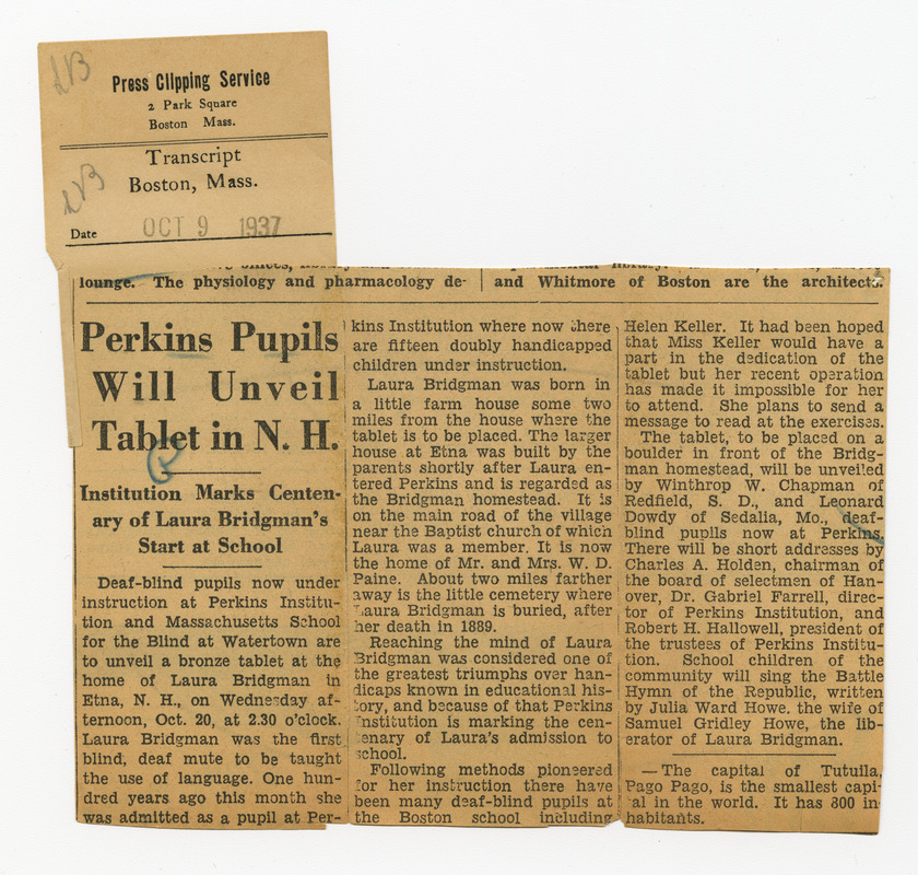 Article from Transcript, Boston, Mass., Oct. 9, 1937