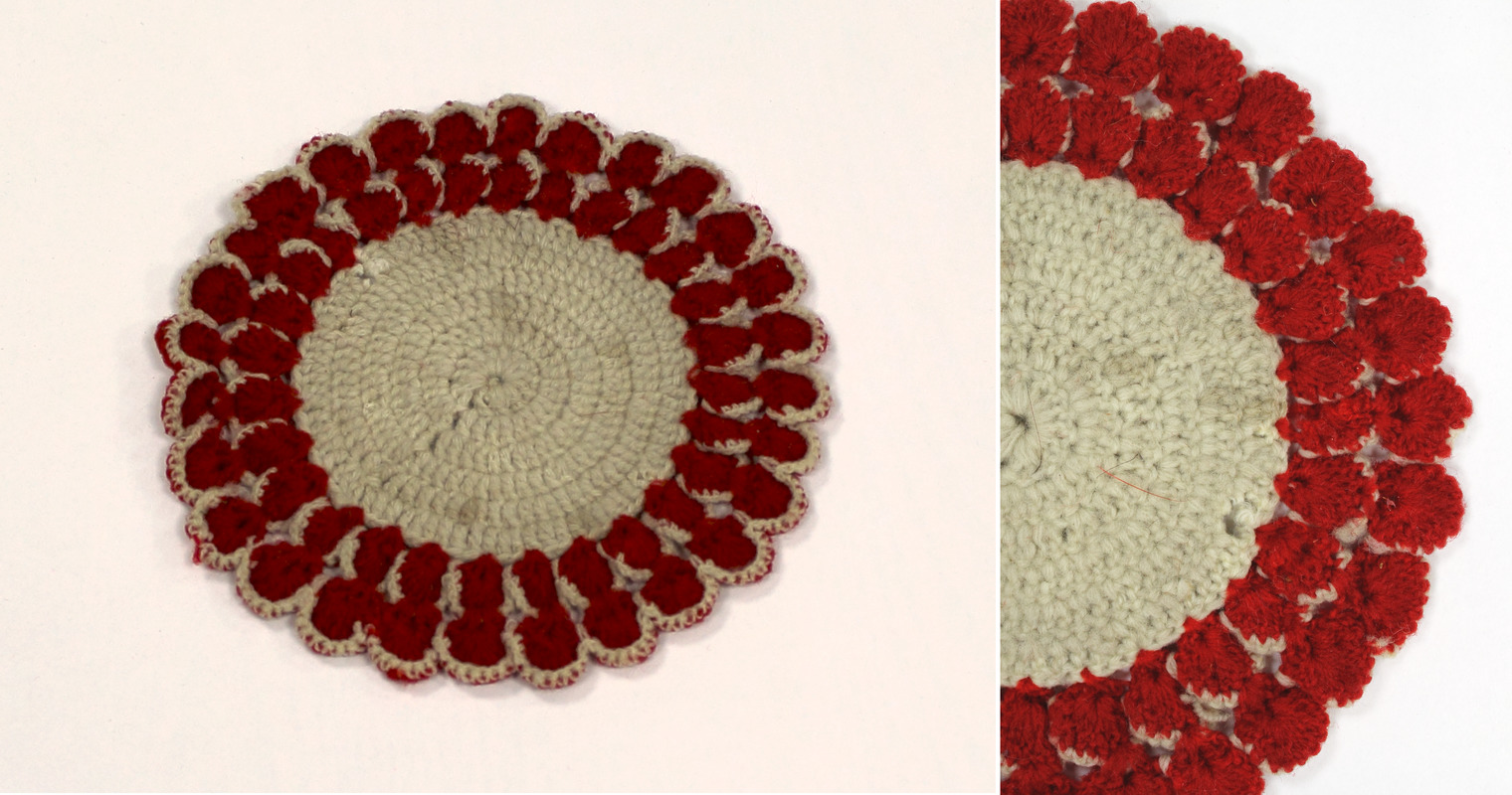 Red and white doily, made by Laura Bridgman