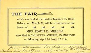 The Fair - The Blind Babies Aid Society ; Note to Mrs. Thomas