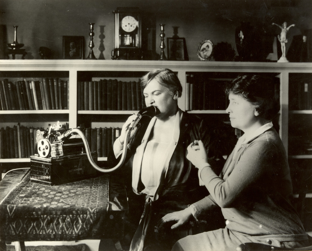 Anne Sullivan Macy and Helen Keller with Dictaphone