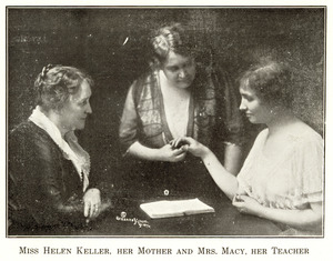 Helen Keller with mother, Kate Adams Keller, and Annie Sullivan