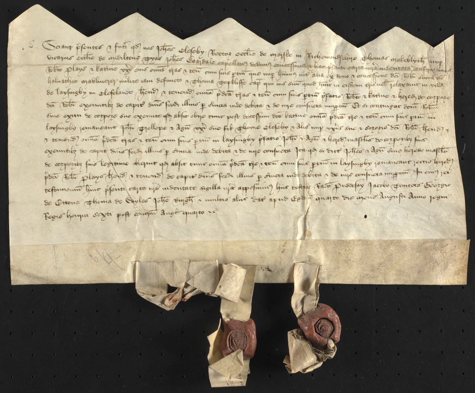 Grant of property, 1426 August 4, by John Cleseby, Thomas Makeblythe and John Wardale to Robert and Katharine Plays and to John Trollope and Agnes (Cleseby) Trollope