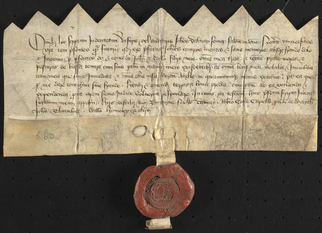 Deed of John Davnay, ca. 1600, granting all his lands, tenements and goods to his sons John and William