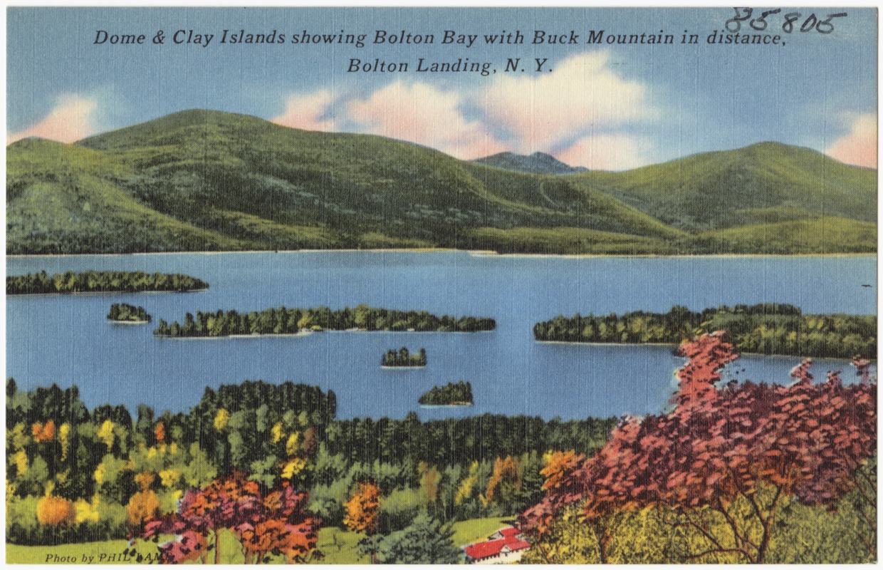 Dome & Clay Islands showing Bolton Bay with Buck Mountain in distance, Bolton Landing, N. Y.