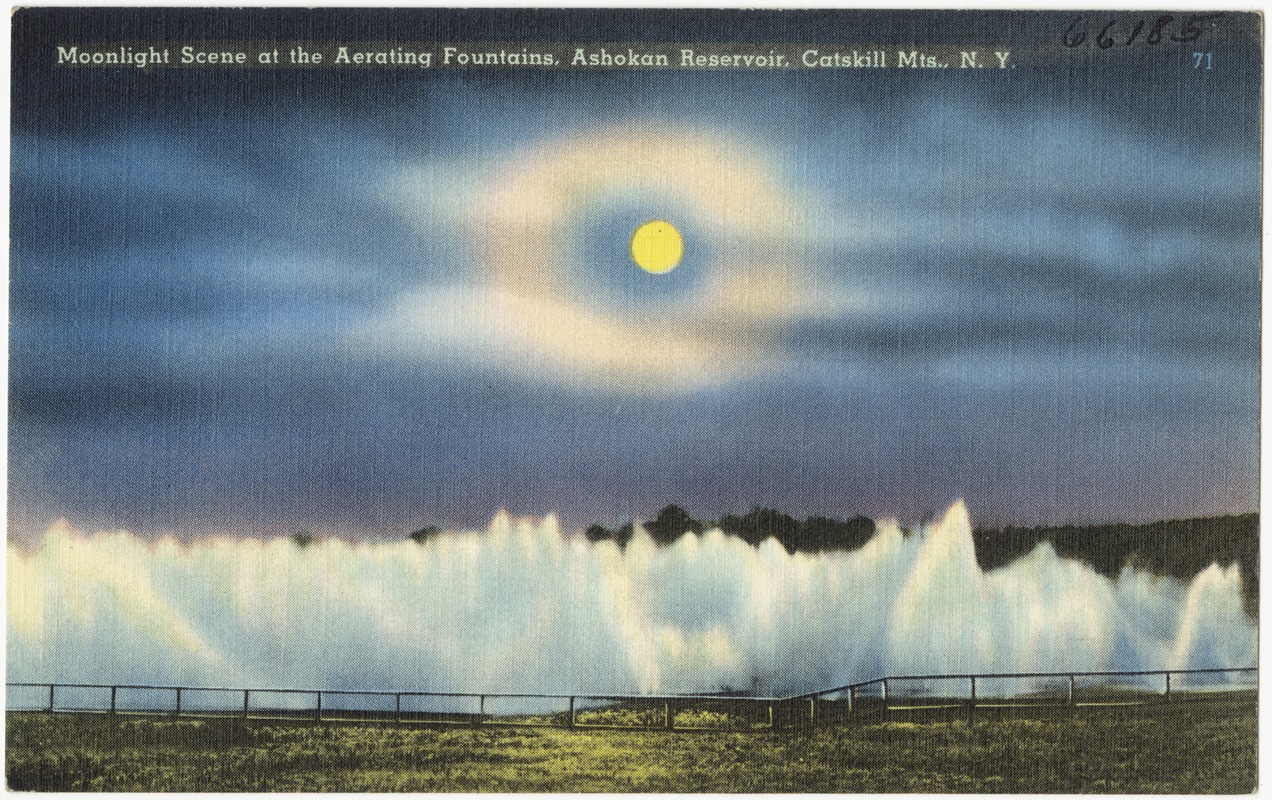 Moonlight scene at the aerating fountains, Ashokan Reservoir, Catskill
