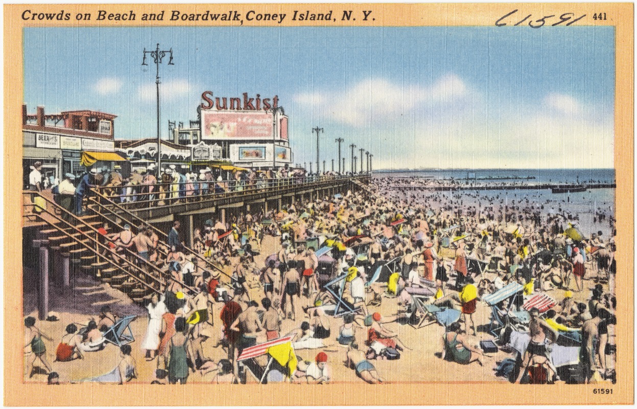 Crowds on beach and boardwalk, Coney Island, N. Y.