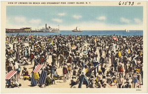 View of crowds on beach and steamboat pier, Coney Island, N. Y.