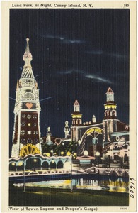 Luna Park, at night, Coney Island, N. Y. (view of tower, lagoon and Dragon's Gorge)