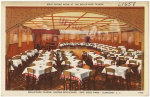 Main dining room at the Boulevard Tavern. Boulevard Tavern, Queens Boulevard, (opp. Rego Park), Elmhurst, L. I.