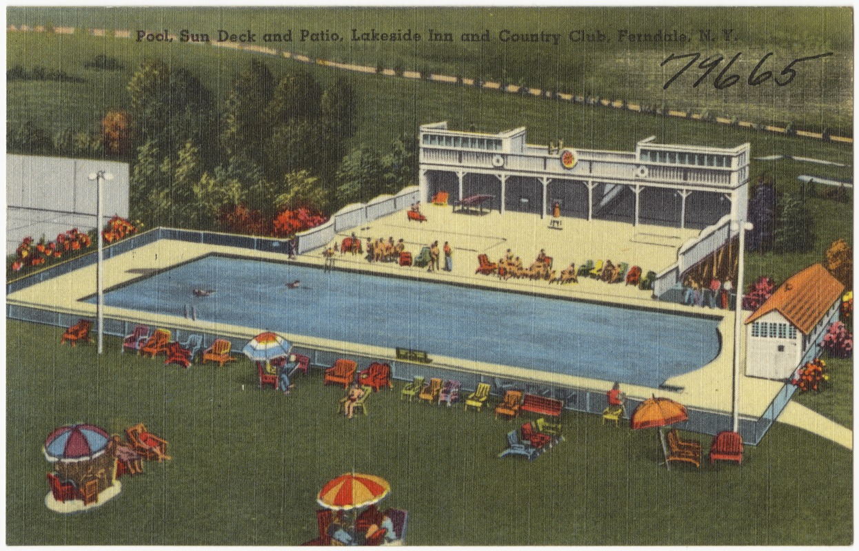 Pool, sun deck and patio, Lakeside Inn and Country Club, Ferndale, N. Y ...