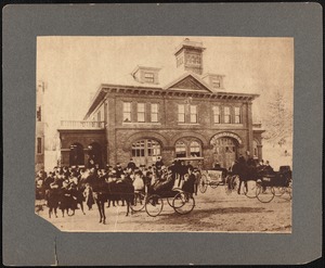 Crowds outside Fire Station No. 8, New Bedford, MA shown during rally for Charles Ashley's mayoral campaign in 1904