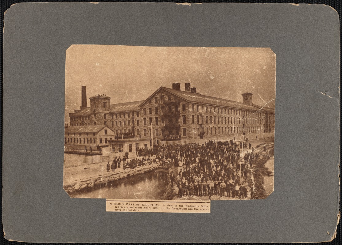 Wamsutta Mills with mill workers standing outside in foreground, New