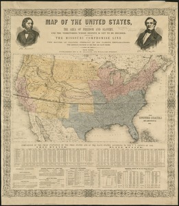 Map of the United States, showing by colors the area of freedom and slavery, and the territories whose destiny is yet to be decided
