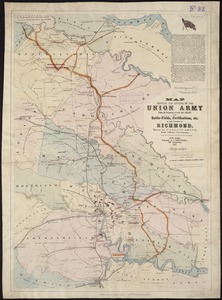 Map showing the advance of the Union army under the command of Lieut.-Gen. Grant, also, battle-fields, fortifications, etc. in the vicinity of Richmond