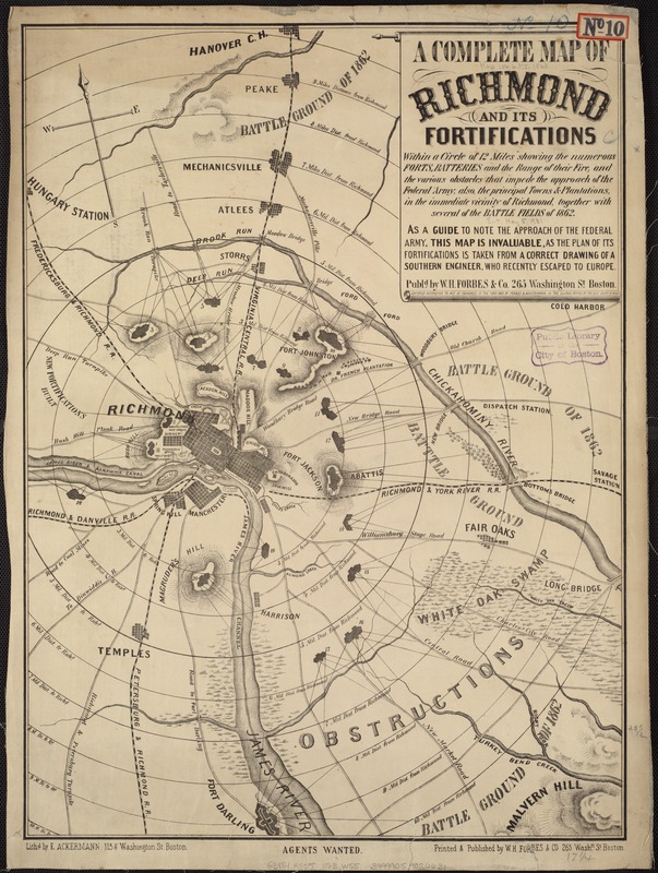 A complete map of Richmond and its fortifications within a circle of 12 miles showing the numerous forts, batteries and the range of their fire