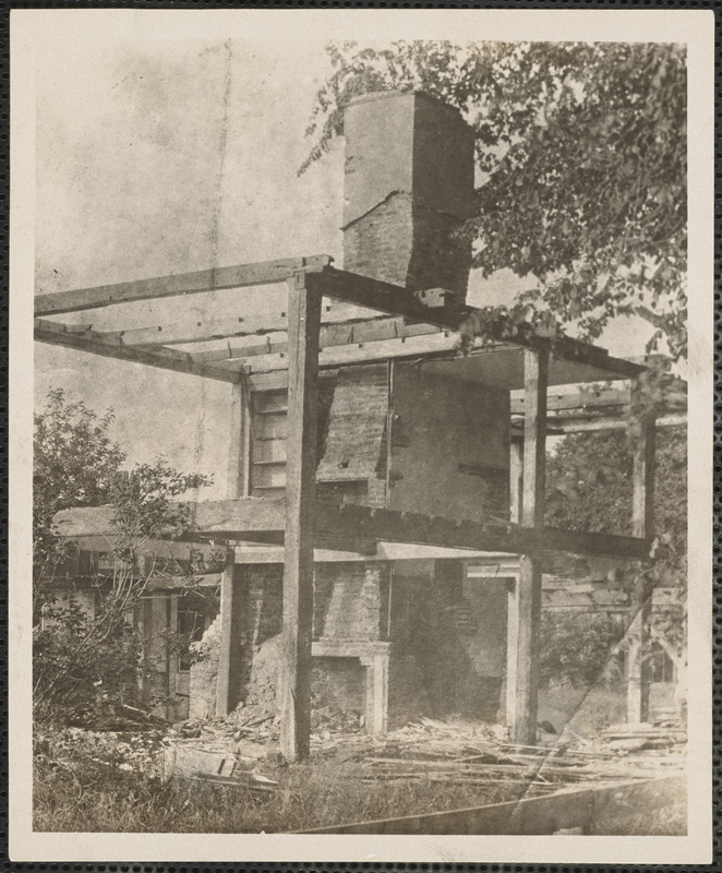 Chimney and frame of Chandler Gray House, west corner of Old King's Highway and Wharf Lane, Yarmouth Port, Mass.