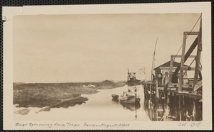 Boat returning from traps, end of Wharf Lane, Yarmouth Port, Mass.