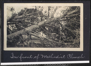 Damage from the gale of August 1924 in front of Methodist Church, South Yarmouth, Mass.