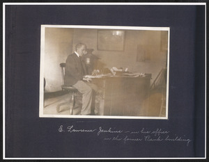 E. Lawrence Jenkins in his office at the former bank building, 1368 Bridge St., South Yarmouth, Mass.
