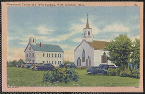 West Yarmouth Congregational Church on right, West Yarmouth School on left