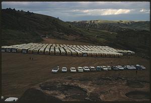 Parked buses and cars outside Red Rocks Amphitheatre, Colorado