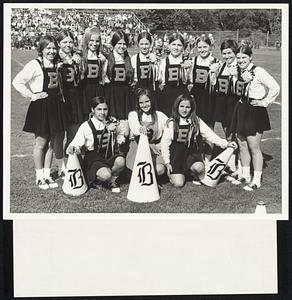 Old Fashion megaphones suit these Beverly High School cheerleaders to a T. Front, from left, Julie Frasca, Jackie LeClair and Judy Avallon. Rear, Barbara Allen, Marrie Gilligan, Pat Kearney, Lauren Murphy, Kathy Smagala, Jane Coletti, Janet Mason, Nancy LaPenna and Maureen Estey.