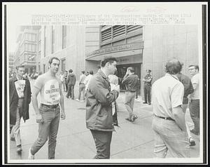 Boston: Members of the Communication Workers of America (CWA) picket the New England Telephone Company on Franklin Street, Boston, 7/14, as telephone workers around the country went on strike. Labor Strikes.