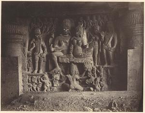 Relief sculpture depicting the marriage of Shiva and Parvati in Dumar Lena cave at Ellora