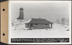 Contract No. 107, Quabbin Hill Recreation Buildings and Road, Ware, looking northwesterly at public toilet building, parking area road in foreground, Ware, Mass., Mar. 12, 1941