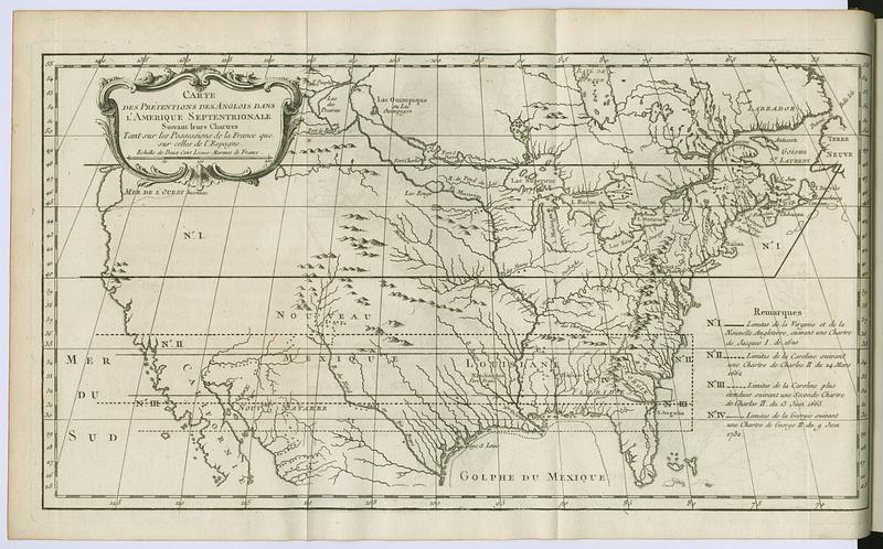 Carte des pretentions des anglois dans l'Amerique Septentrionale suivant leurs chartres tant sur les possessions de la France que sur celles de l'Espagne