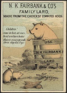 N. K. Fairbank & Co's family lard, made from the choicest corn fed hogs. Children! Come here at once. Don't you know better than to associate with those slop fed pigs?
