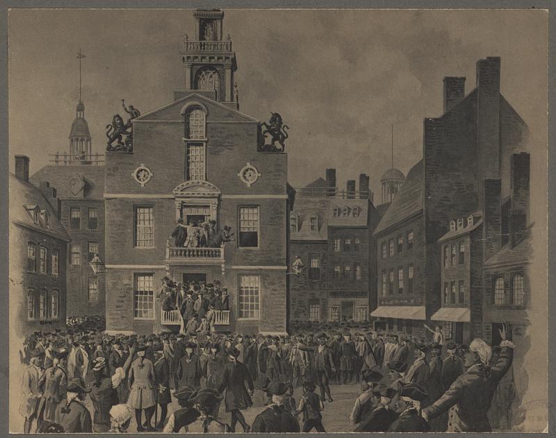 Boston. Reading of the Declaration of Independence from the balcony of the council chamber (Old State House), 1776