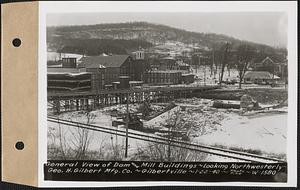 General view of dam and mill buildings, looking northwesterly, George H. Gilbert Manufacturing Co., Gilbertville, Hardwick, Mass., Jan. 22, 1940