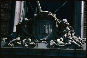 Sculpture above window of Somerville Public Library, Somerville, Massachusetts