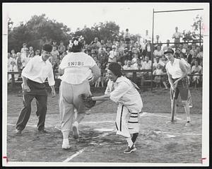 Beating the Throw Home, Mrs. Cooke scores the winning run on her grand slam homer in the sixth inning. Hobo catcher is Mrs. Peggy Bertiletti and batter at right is Doris Jaquith. Mrs. Cooke also won last year’s game with a homerun.