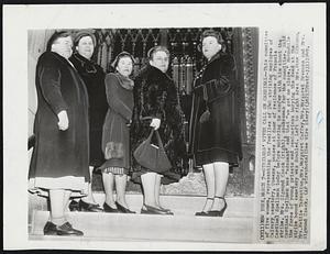 Strikers' Wives Call on Cardinal-- This committee of five woman, representing the families of 240 employes of Calvary cemetery, Queens, pauses at door of residence of Francis Cardinal Spellman today before entering to confer with him about the strike. Mrs. Sigmund Czack (right), spokesman for the committee. said Cardinal Spellman was "adamant" and that we "we got no place." Meanwhile the force of young priests and seminarians burying the dead at the strike bound cemetery was doubled. Left to right are: Mrs. Jane Gibbons, Mrs. Nettie Tarantino, Mrs. Margaret Coffey, Mrs. Margaret Brennan and Mrs. Sigmund Czack.