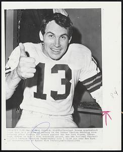 Ryan Clobbers Giants-Cleveland Browns quarterback Frank Ryan is a picture of victory in the Yankee Stadium dressing room Saturday after leading the attack against the New York Giants. Cleveland, riding on Ryan's five touchdown passes, won the National Football League's Eastern Division Championship with a 52-20 win over New York.