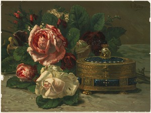 Rose bouquet beside jeweled box