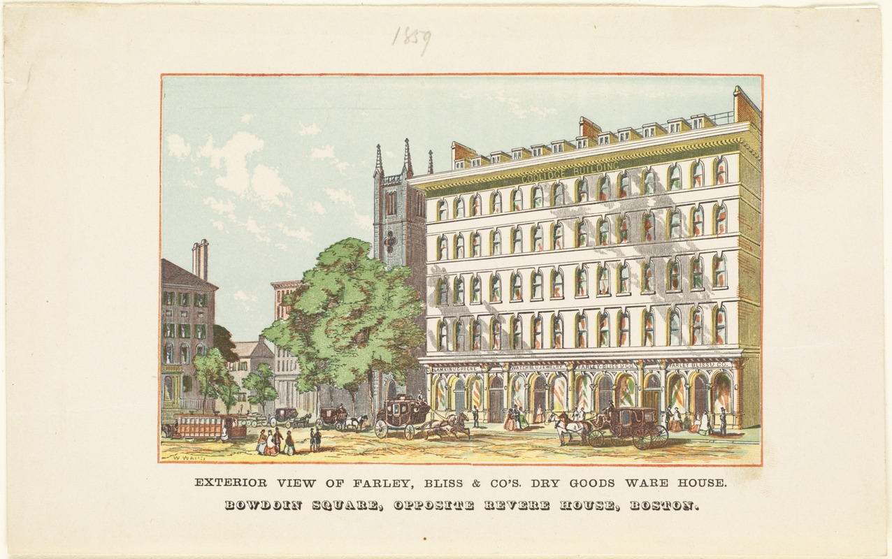 Exterior view of Farley, Bliss & Co's. dry goods warehouse. Bowdoin Square, opposite Revere House, Boston