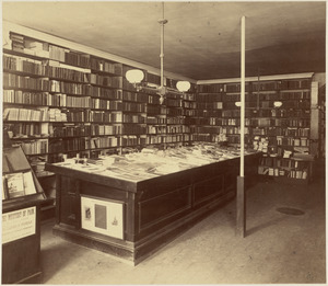 Interior view of bookshelves at the Old Corner Book Store