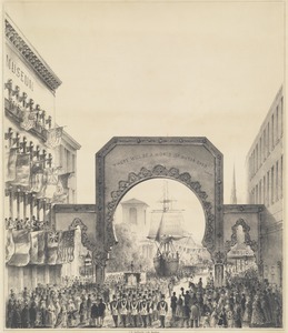 Boston water celebration, October 25, 1848. The procession passing the Boston Museum Tremont Street