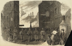 The Great Fire in Boston. The night patrol--the military guarding the entrance to Congress Street