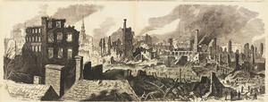 The Great Fire in Boston. General view, embracing the main portion of the burnt district, sketched from a house on Commerce, near Kingston Street